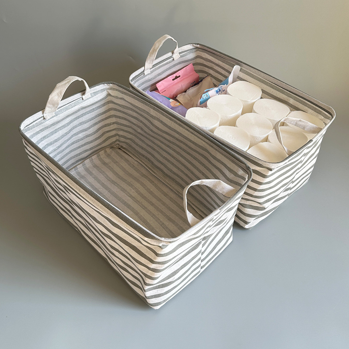 外贸2个装棉麻条纹防水防潮家居收纳筐 玩具纸尿裤婴儿用品储物篮,收纳整理,收纳筐,淘宝优惠券,粉丝福利购,淘宝优惠卷