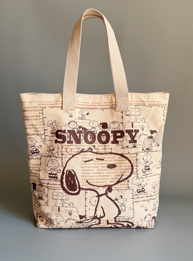 外贸史努比复古漫画风帆布包 棕米色学生党课本包 实用通勤电脑包