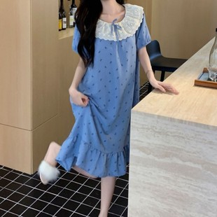 2025韩版 长裙睡衣家居服学院风家居服 纯棉甜美花边圆领夏季 短袖