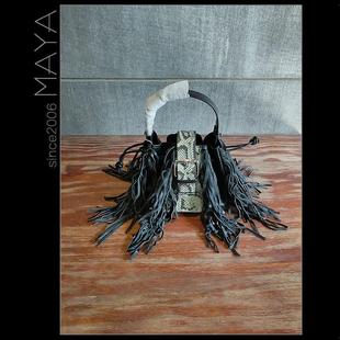 玛雅定制小众机车流苏蛇纹拼接皮带扣装 潮酷 饰手提斜挎水桶包个性