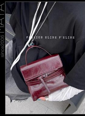 玛雅好货设计师款牛皮多层绑带翻盖小方包手提斜挎红色小包时尚潮