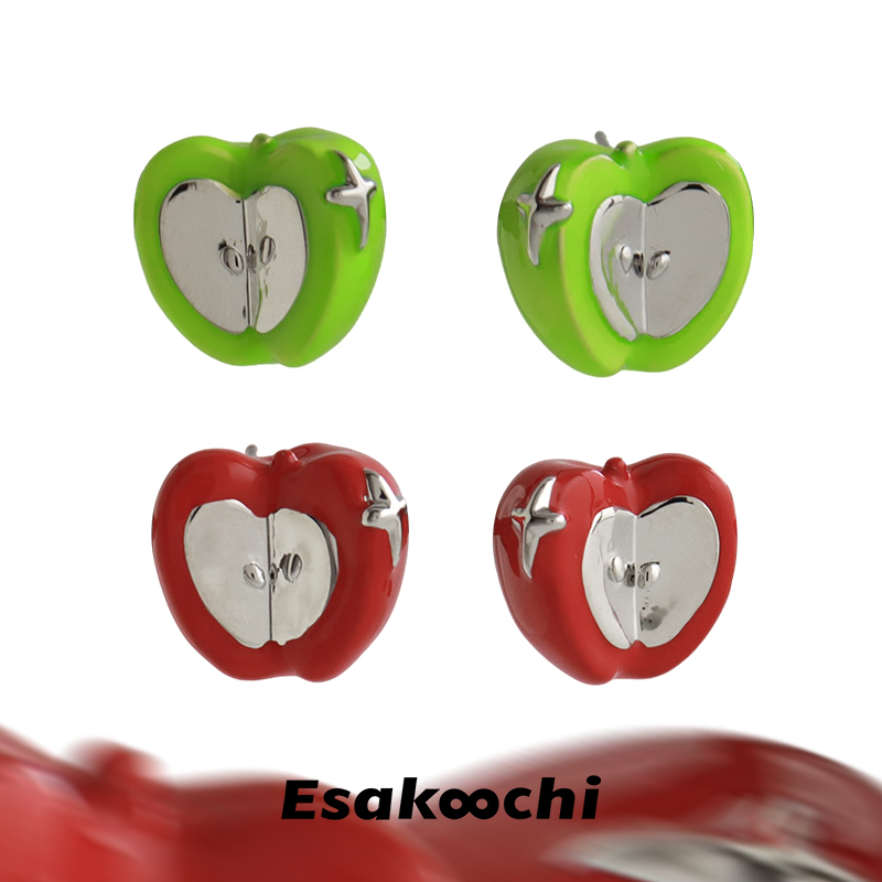 Esakoochi糖渍苹果耳钉~原创设计红绿苹果耳环俏皮可爱耳饰