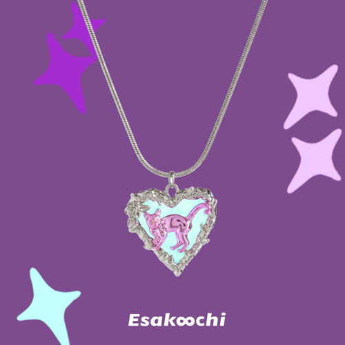 Esakoochi粉紫色赛博猫咪幻彩爱心项链电子Y2K藤蔓花边毛衣链