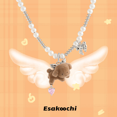 Esakoochi萌萌的天使小狗~小众设计仿珍珠棕色植绒粉色爱心项链