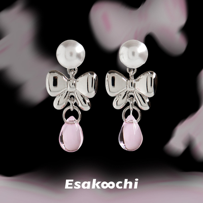 Esakoochi游乐园系列~原创蝴蝶结粉色水滴耳环小众轻奢气质耳饰