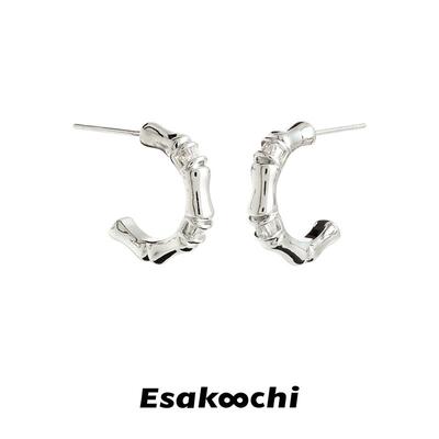 Esakoochi银色金属竹节耳环新中式小众气质清新高级设计感耳钉