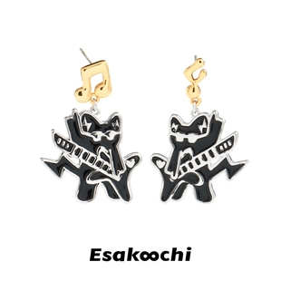 Esakoochi摇滚音乐猫~原创设计弹贝斯的小猫耳钉甜酷个性音符耳环