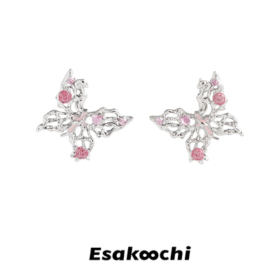 镂空蝴蝶粉色玫瑰花耳钉