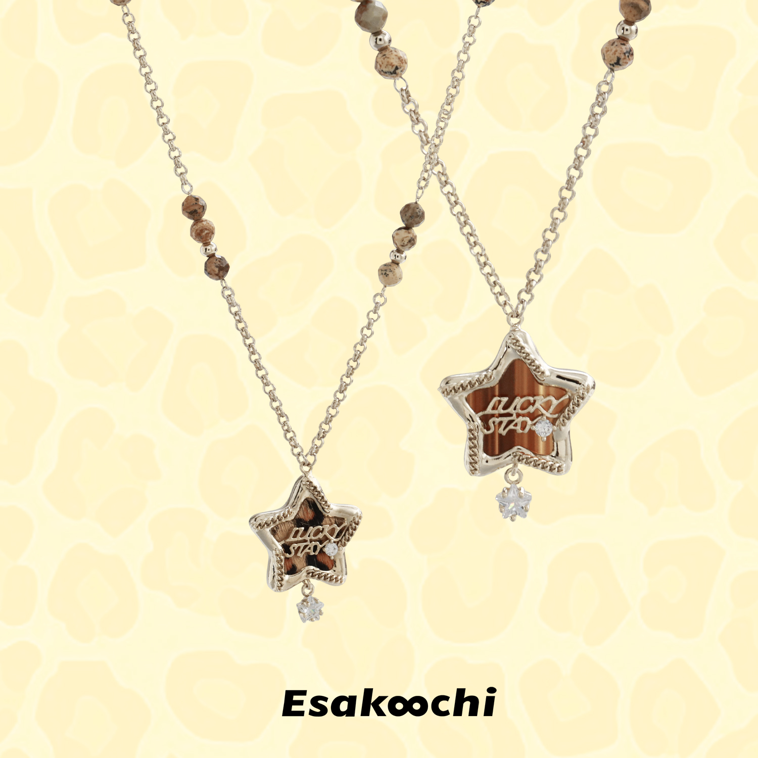 Esakoochi咖啡金串珠星星项链豹纹luckystar个性小众毛衣链卫衣链