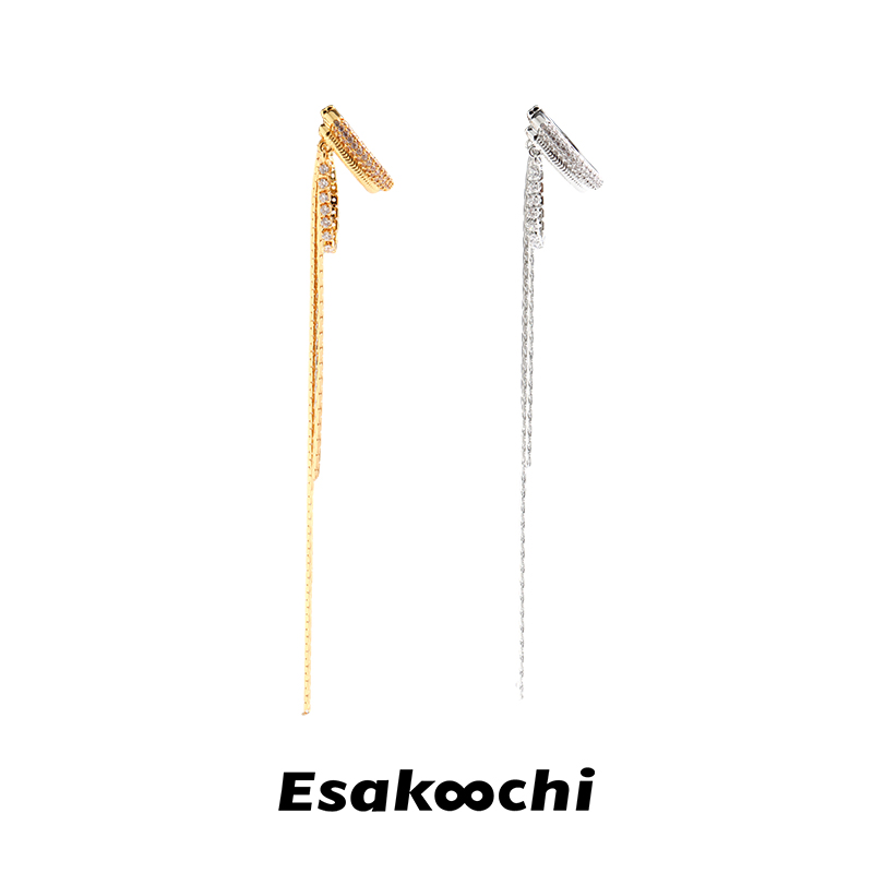 Esakoochi银色长流苏多层闪钻耳骨夹金色复古耳夹无耳洞耳饰女