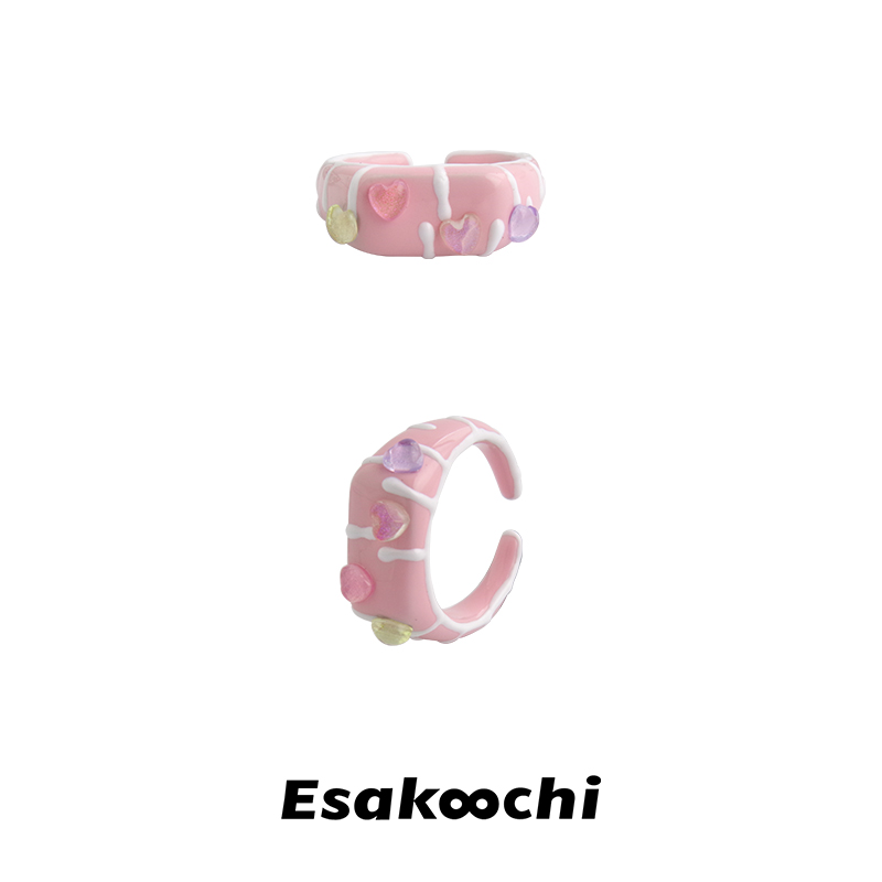 Esakoochi一枚奶油蛋糕~彩色爱心粉色戒指甜美少女指环夸张开口戒