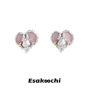 Esakoochi尊贵的兔子~粉紫色爱心耳环气质小众设计甜美少女耳饰女