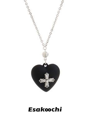 Esakoochi黑色爱心十字项链百搭长款毛衣链秋冬新款配饰女卫衣链