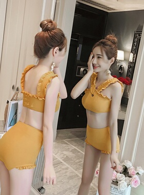 游泳衣女2024新款姜黄色ins网红温泉高腰比基尼遮肚显瘦分体泳装