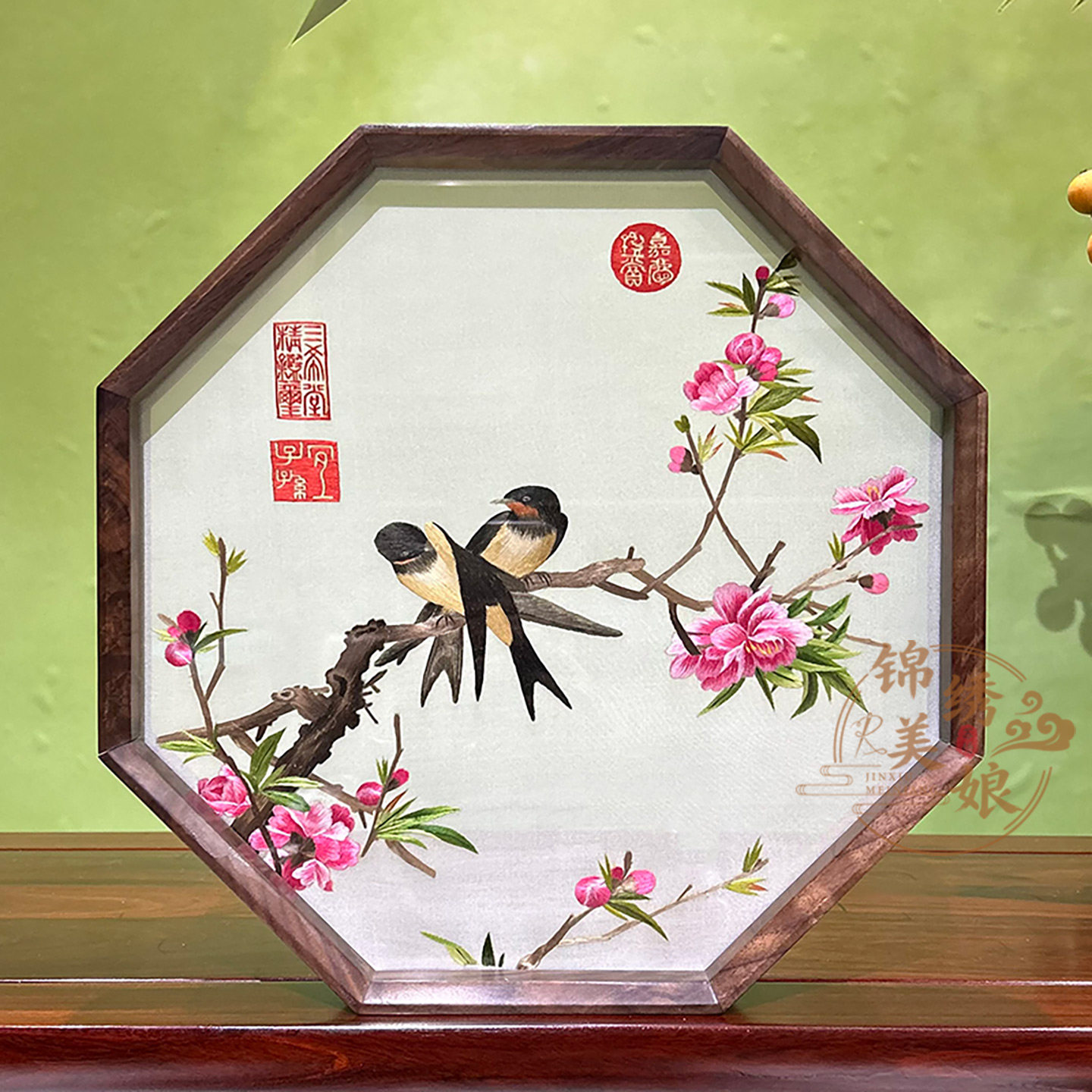 非遗手工苏绣精品双面绣摆件海棠花鸟刺绣台屏苏州特色送外宾礼品