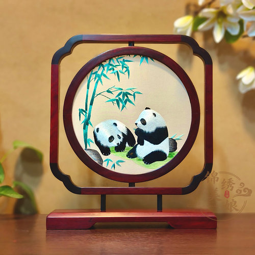 刺绣手工非遗竹报平安熊猫双面绣桌面摆件成品伴手礼商务送礼苏绣