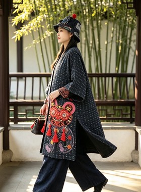 民族风重工老虎刺绣棉麻外套女复古流中长款宽松大码国风外搭开衫