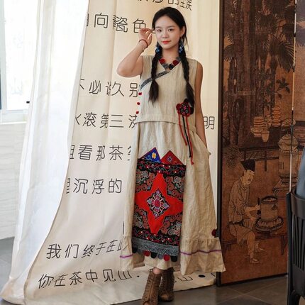 文艺范原创设计刺绣长裙棉麻无袖马甲裙民族风休闲旅拍遮肉连衣裙