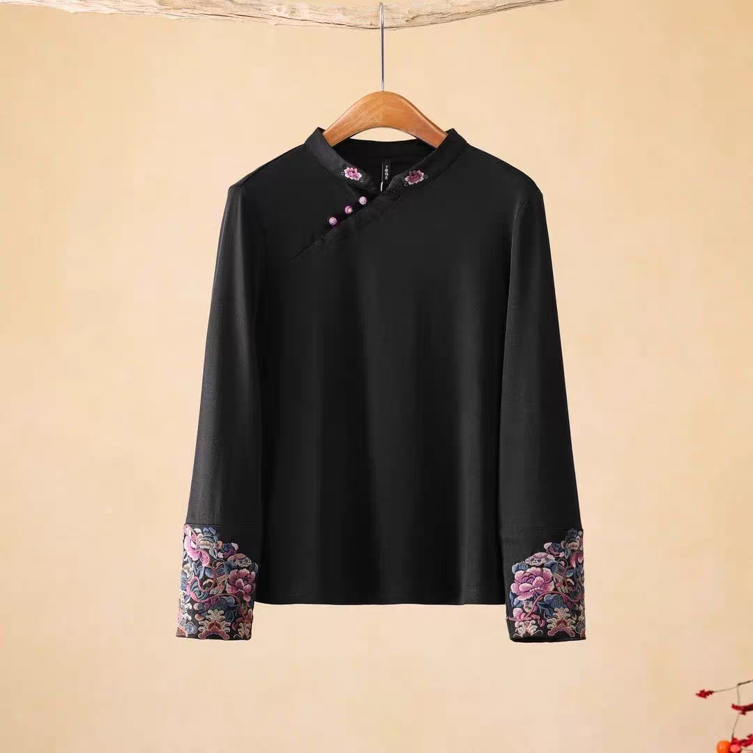 国风刺绣加绒上衣女秋冬立领斜襟打底衫中式复古内搭修身保暖T恤