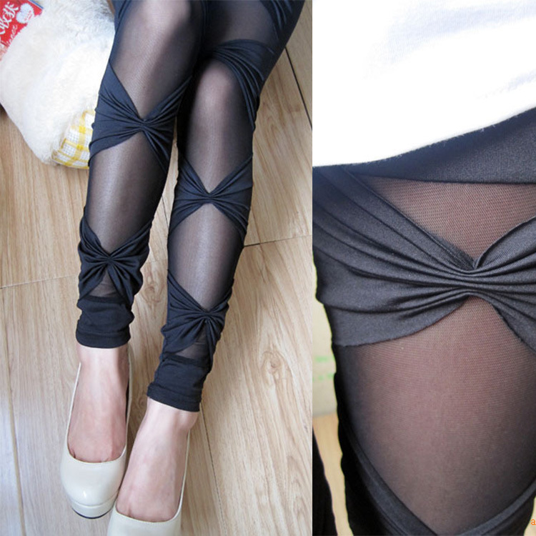 女装夏季2025新款韩版网纱黑色拼接绑带蝴蝶结九分打底裤女