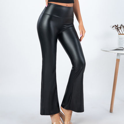 欧美风高腰女士PU皮喇叭裤辣妹性感修身显瘦黑色微喇长裤休闲裤女