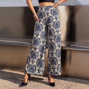春夏薄款阔腿裤无弹侧拉链直筒裤女士优雅休闲民族风花藤长裤女