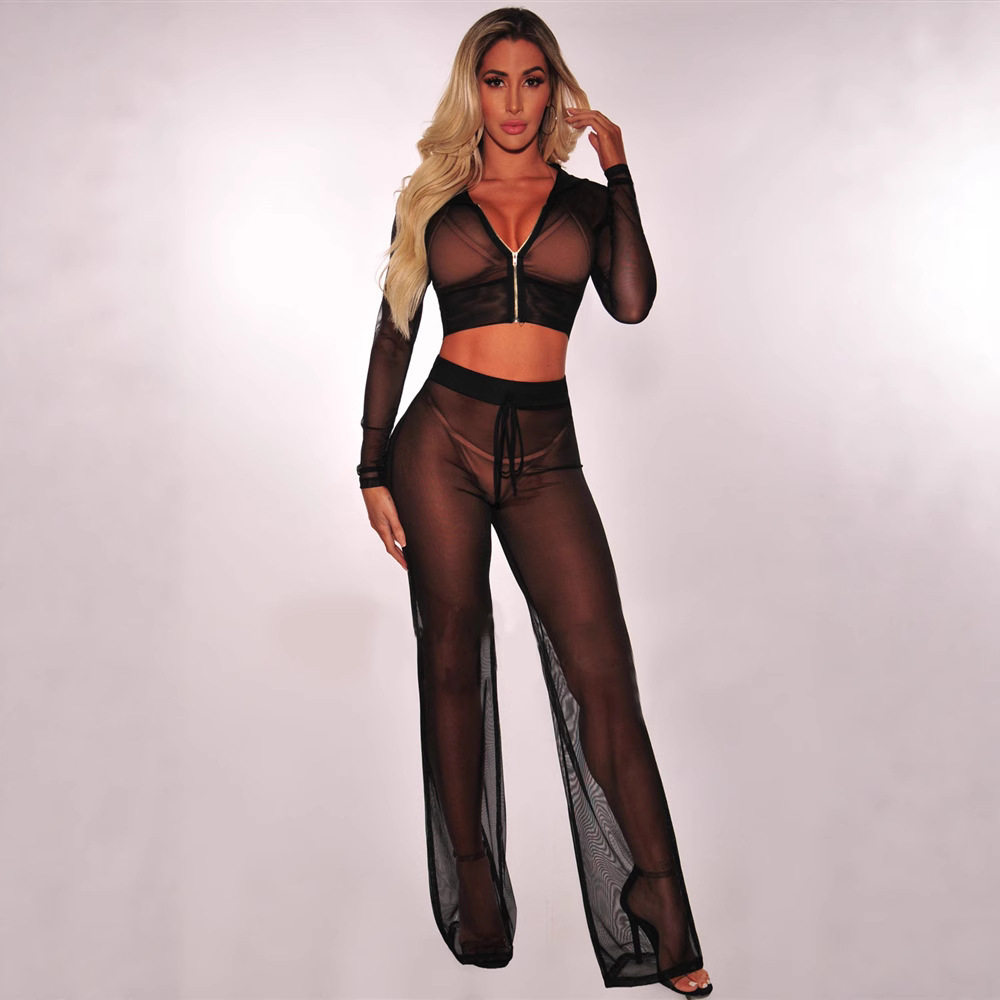 欧美夏季性感长袖套装网纱透视连帽拉链上衣透气防晒直筒裤女