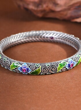 S990足银复古景泰蓝编织纹手镯