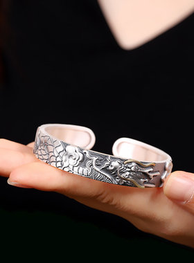 S999足银复古民族风本命年生肖龙个性护身吉祥男女纯银开口手镯环