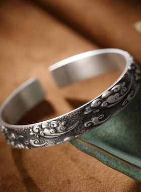 S999足银复古民族风做旧浮雕祥云个性情侣男女士纯银开口手镯环