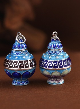 S925银吊坠复古国风景泰蓝莲花玉壶春瓶可打开嘎乌盒吊挂坠香薰盒