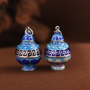 S925银吊坠复古国风景泰蓝莲花玉壶春瓶可打开嘎乌盒吊挂坠香薰盒