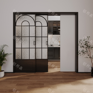 法式复古阳台卧室三联动推拉门开放式厨房玻璃隔断门隐藏式口袋门
