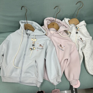 2025秋季新款女童韩版卡通印花连帽卫衣加绒拉链外套不带发夹哦