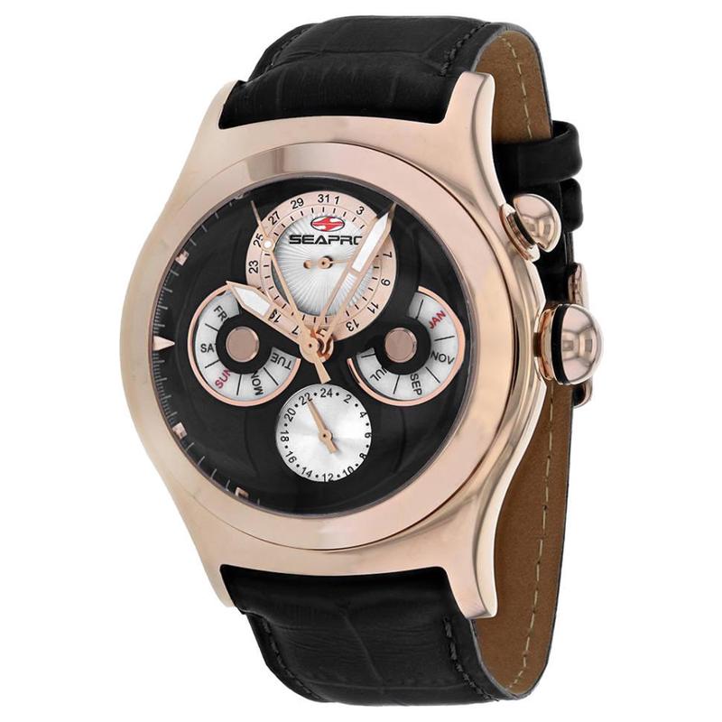 代购SEAPRO男士腕表日期星期月份计时皮带玫瑰金黑色多表盘商务