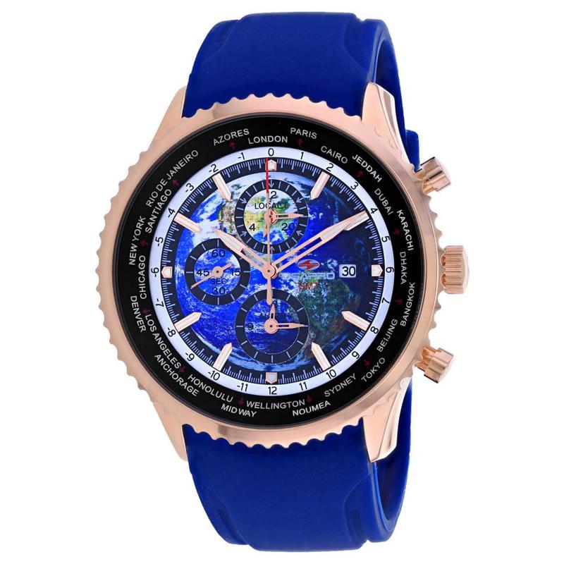 代购SEAPRO男士腕表世界时计时码日期显示夜光指针硅胶带玫瑰金