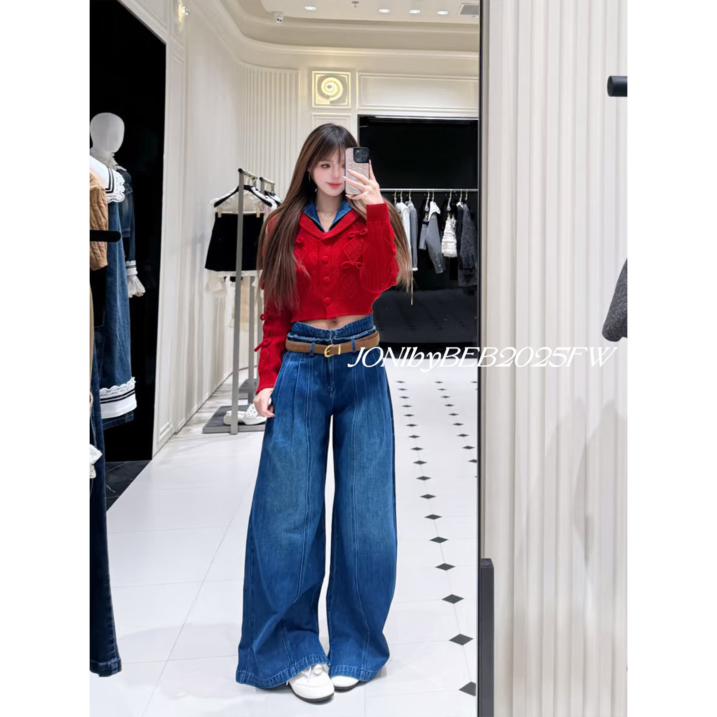 JONIbyBEB 新年红牛仔领拼翻领蝴蝶结水晶针织开衫＋腰带牛仔裤,女装/女士精品,时尚套装,淘宝优惠券,粉丝福利购,淘宝优惠卷