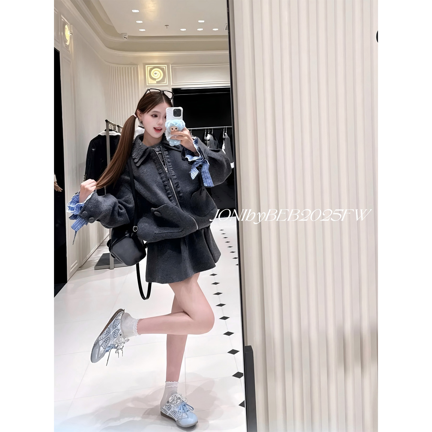 JONIbyBEB木耳边毛呢外套＋半裙