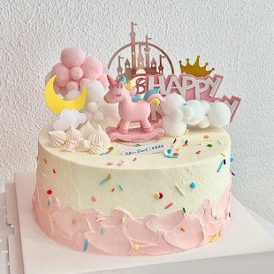 粉色独角兽蛋糕装饰摆件儿童生日派对装扮插牌云朵小木马烘焙配件