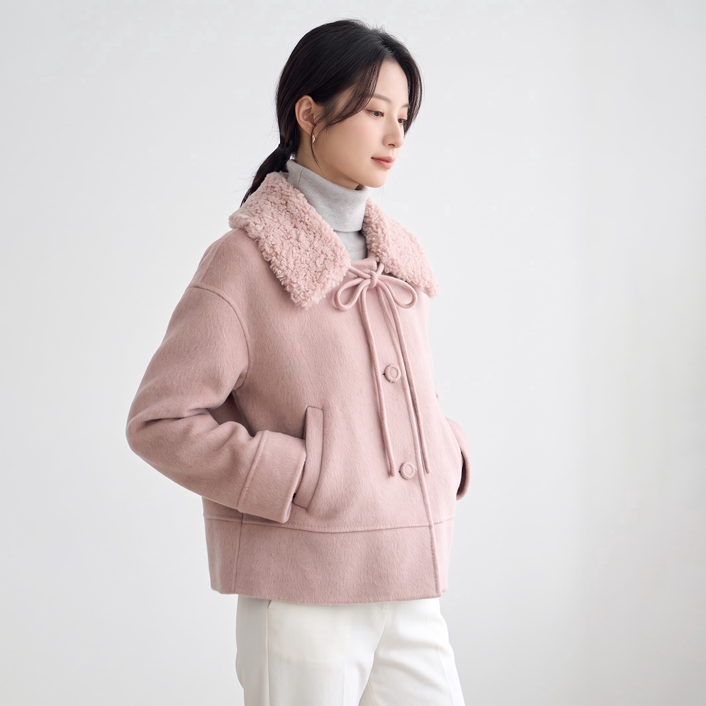 秋冬厚款羊羔毛毛领毛呢大衣女