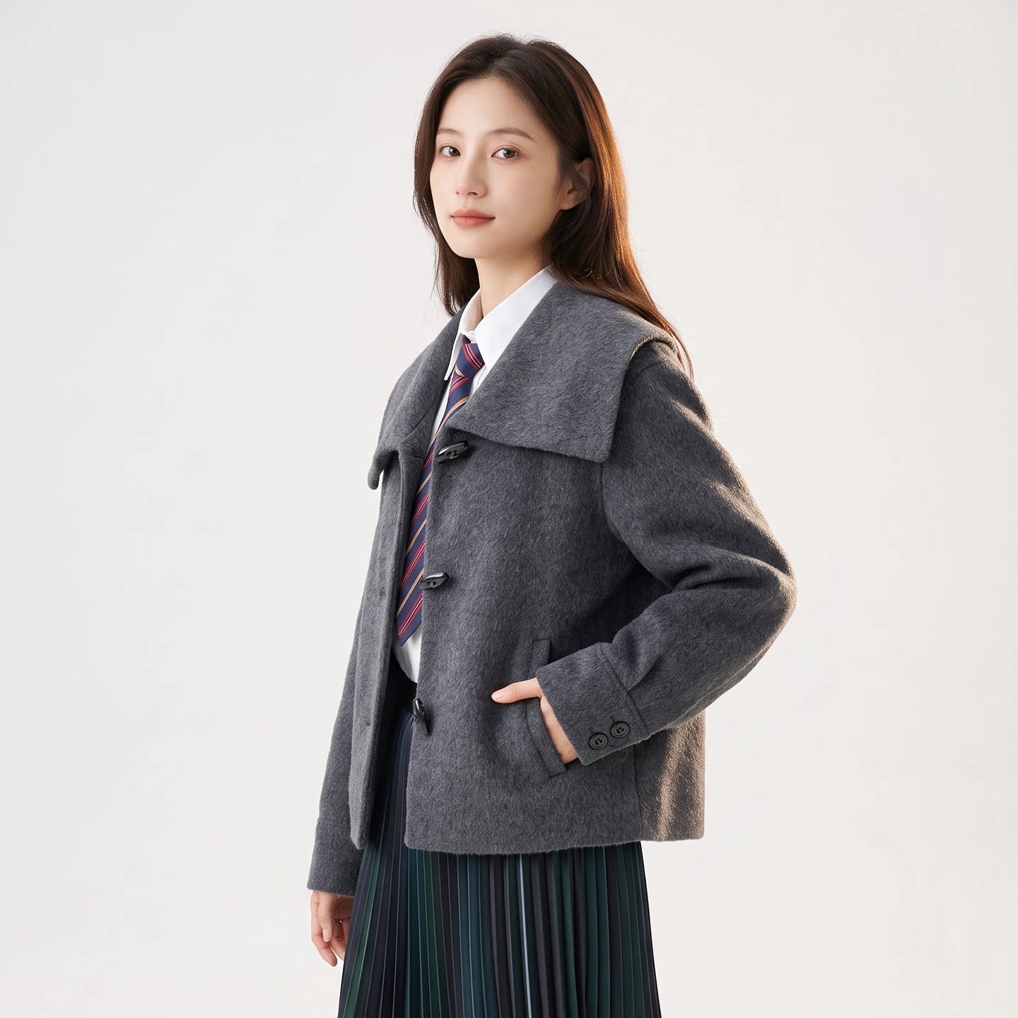 秋冬双面呢短款牛角扣显瘦大衣女