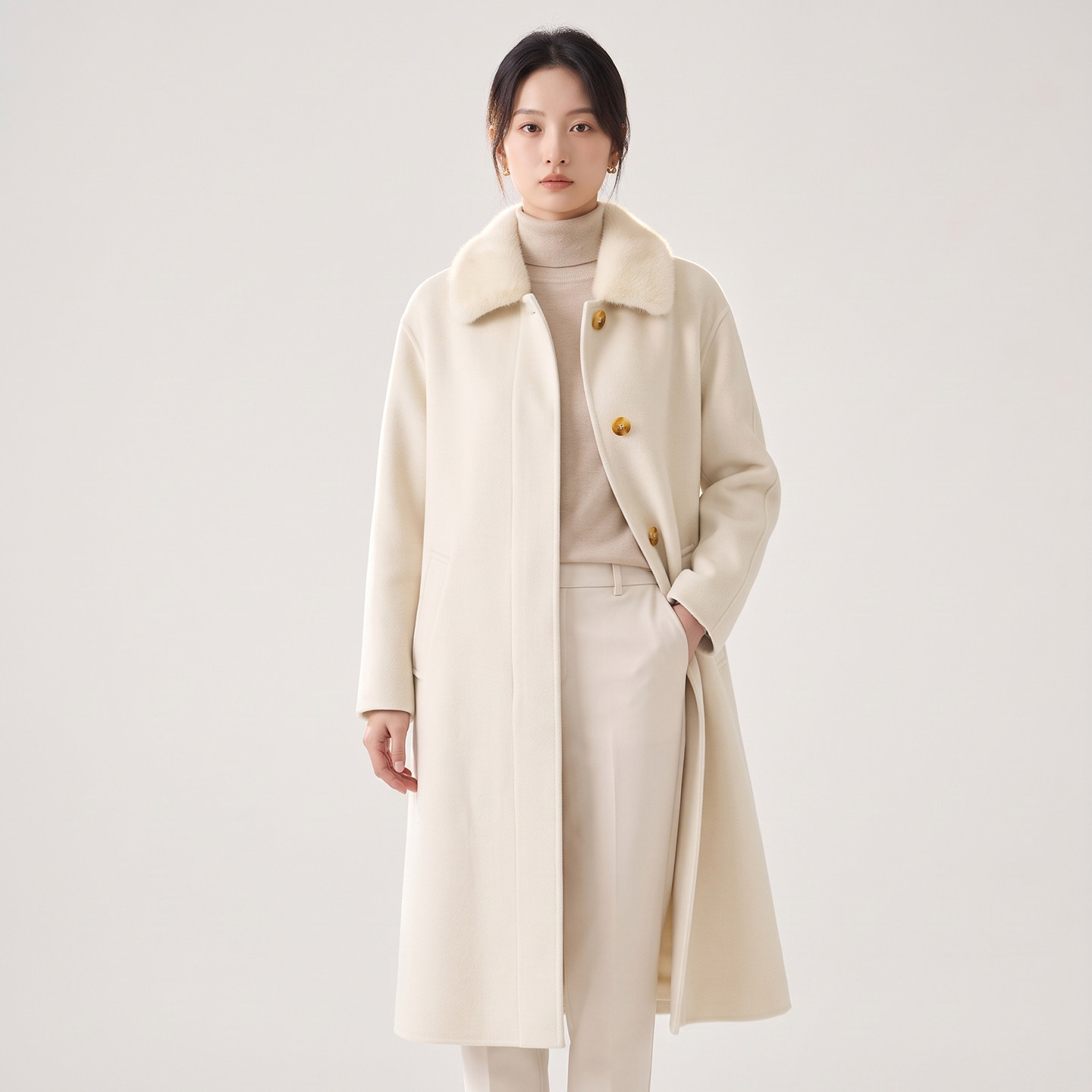 秋冬双面羊绒水貂毛领长款大衣女