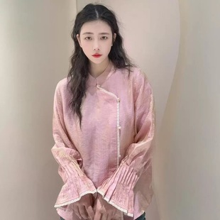 新中式春款显瘦衬衫人丝浮光锦女复古花边提花气质衬衣书卷一梦