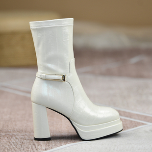 高跟鞋 小个子厚底女靴子 9.8cm弹力靴粗跟短靴2026秋冬新款 misili