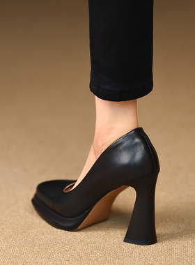 misili 一脚蹬浅口粗跟单鞋春秋季新款9.5cm高跟鞋防水台厚底女鞋