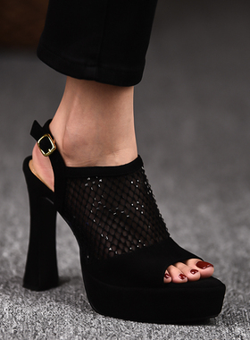 11.5cm罗马鱼嘴网面粗跟凉鞋2026夏季新款高跟鞋一字扣带厚底女鞋