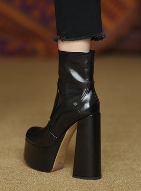 misili防水台超高跟鞋2026秋冬季新款14.5cm短靴女厚底粗跟女靴子