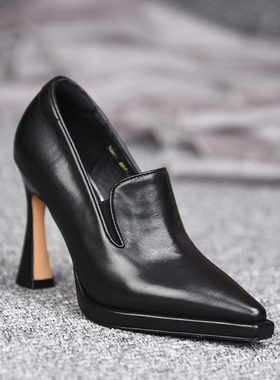 misili 法式粗跟单鞋9.8cm尖头高跟鞋2026春季新款一脚蹬厚底女鞋