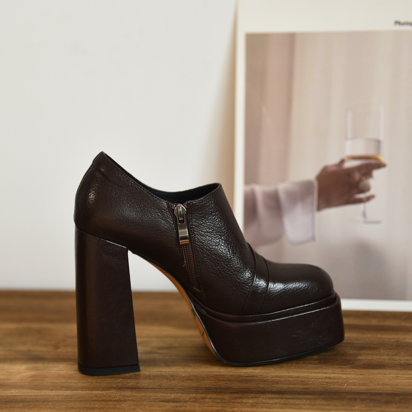 misili真皮防水台高跟粗跟单鞋