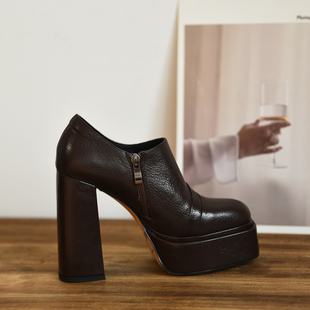 2025秋季 粗跟防水台单鞋 新款 高跟鞋 misili 侧拉链真皮女鞋 12.3cm